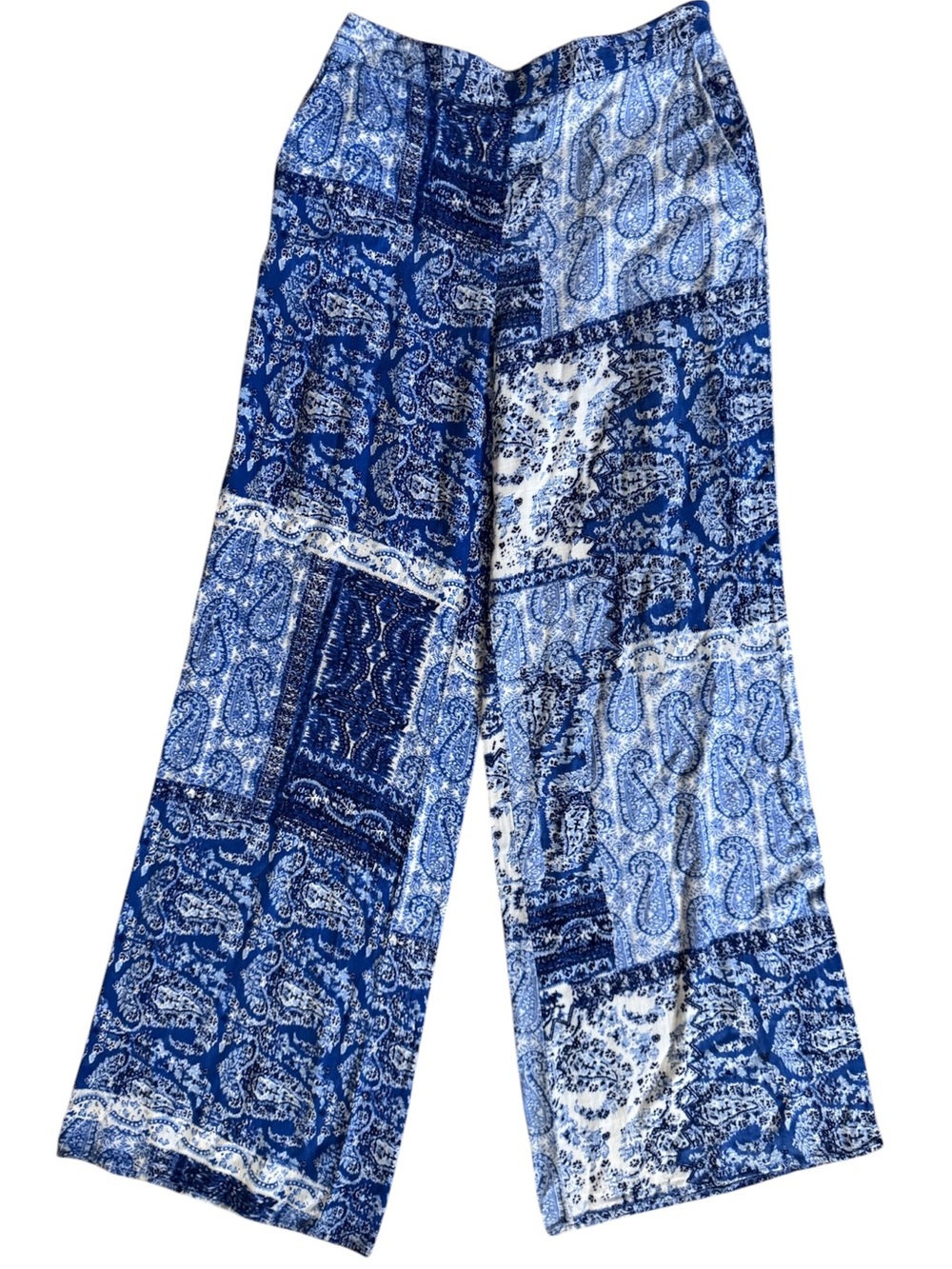 Zara Blue and White Paisley Patchwork Print Wide-Leg Pants